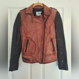 Doma Womens Leather Jacket Distressed Color Block 2 Tone Brown Black Moto Coat S